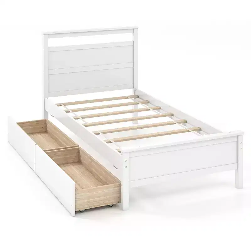 Costway Twin Size Platform Bed w/ Drawers 2 Pull-out Drawers Headboard & Footboard White