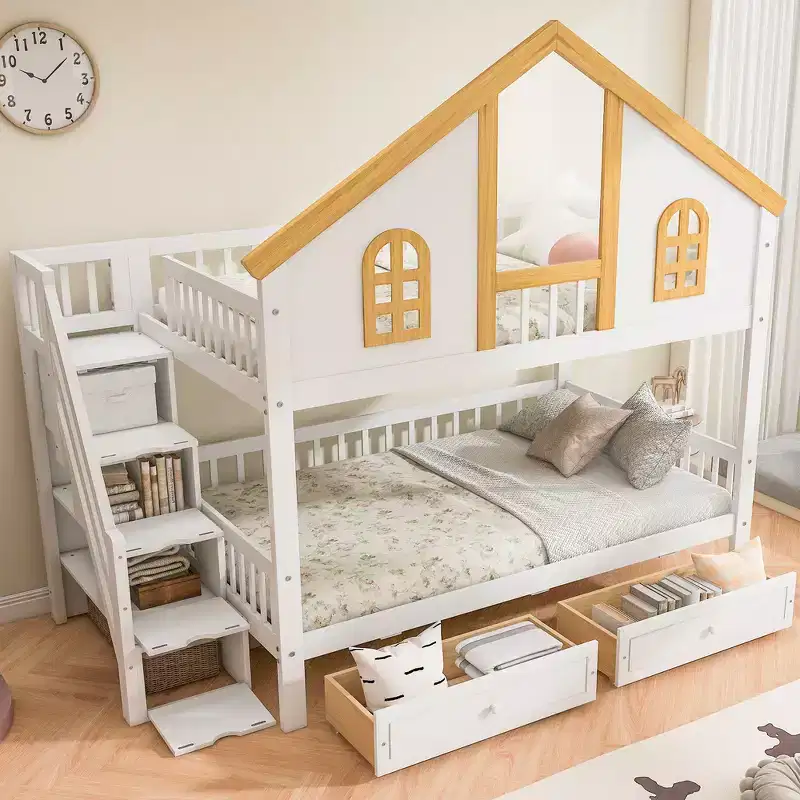 Twin Size House-Themed Bunk Bed with Window, Door, Storage Drawers & Staircase