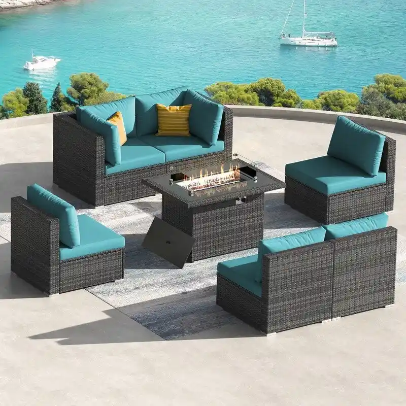 FINCATI Outdoor High Back 7-piece PE Wicker Patio Conversation Sectional Set with Fire Pit Table and Thickened Cushions