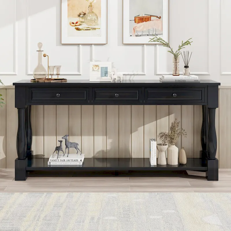 Mediterranean Console Table with 3 Storage Drawers and Open Bottom Shelf for Home Entryway and Hotel