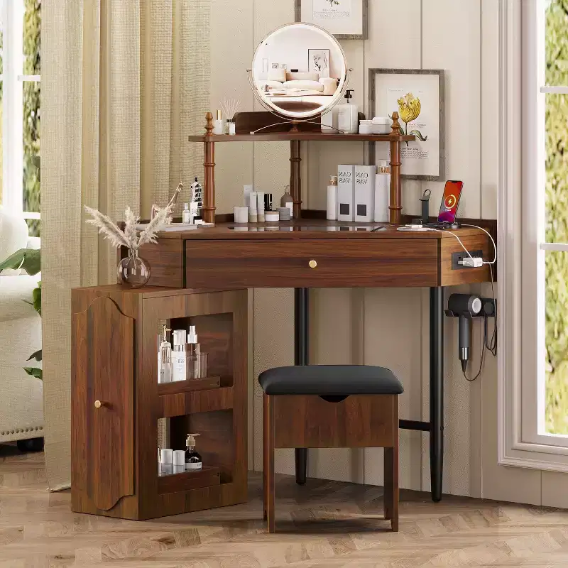 Corner Vanity Desk Set with Storage Cushioned Stool and Charging Station, Removable Pull-Out Side Cabinet, Glass Tabletop with Drawer and Shelf