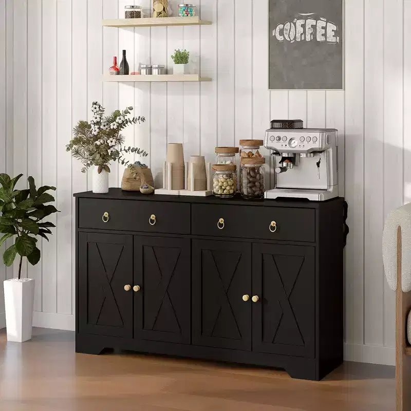 Kitchen Storage Sideboard, Farmhouse Buffet Cabinet with Barn Style Doors, Drawers, Adjustable Shelves