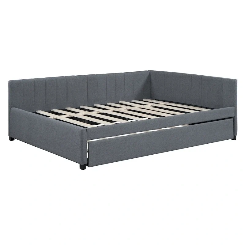 Full Size Upholstered Daybed with Trundle Sofa Bed Frame No Box Spring Needed