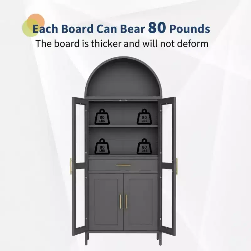 GustoWave Black Arched Cabinet with Glass Doors - Metal Pantry Storage with Drawer & Adjustable Shelves