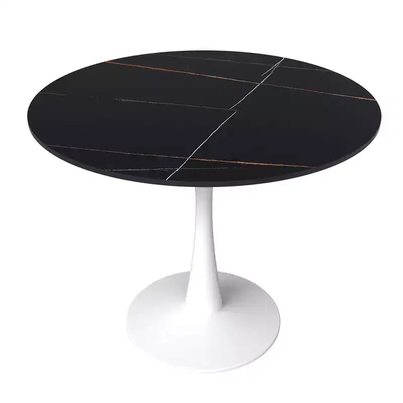 35 Round Dining Table Sintered Stone Top Accent Caf Table & Sturdy Steel White Pedestal Base for Kitchen and Small Spaces