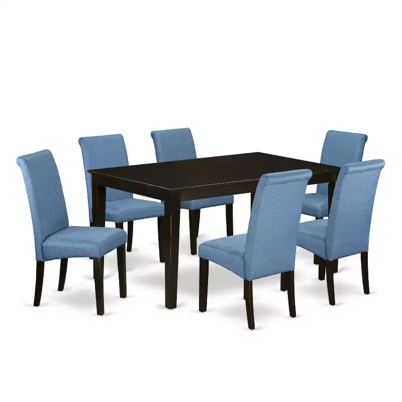 Kitchen Table Set 7pc Gothic Glamour Dining Table Linen Blue Chairs Cappuccino Legs