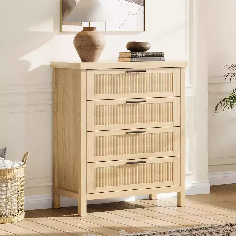 Living Room Fluted 4 Drawers Dresser for Bedroom, 35.4 in Tall Chest of Dressers for Closet, 4 Fluted Drawers w/ Metal Handle, Clothes Storage Cabinet