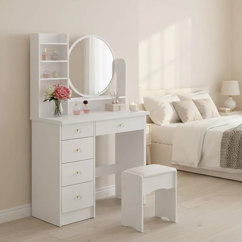 Makeup Vanity Set Dresser w/Mirror Stool 5 Drawers - White/Pink/Black - 31.5L x 15.7W x 52H