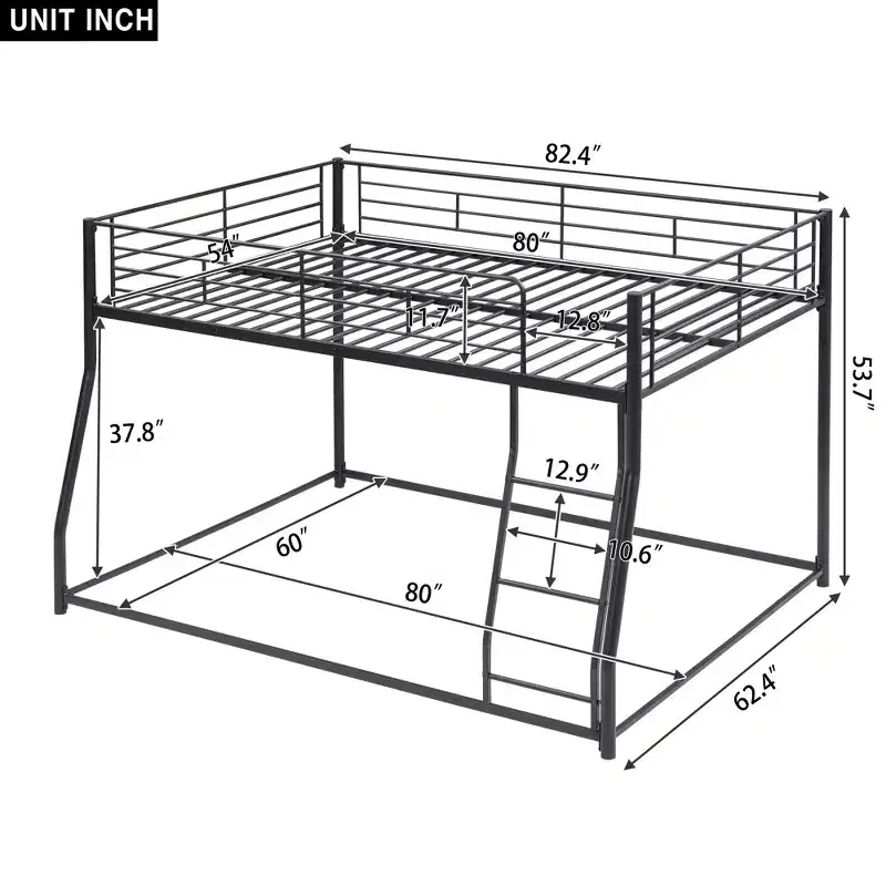 Metal Bunk Bed Twin XL over Queen Size with Ladder and High Guardrail, Heavy Duty Full Size Bunk Bed Frame for Kids Teens Adults