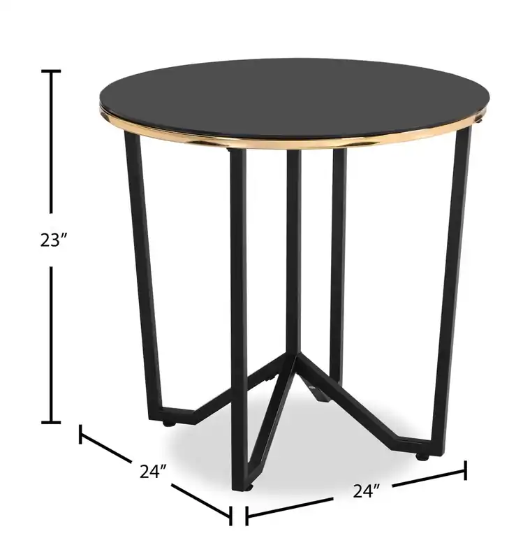 24 Modern Round Glass Top End Table - Black and Gold with Metal Legs