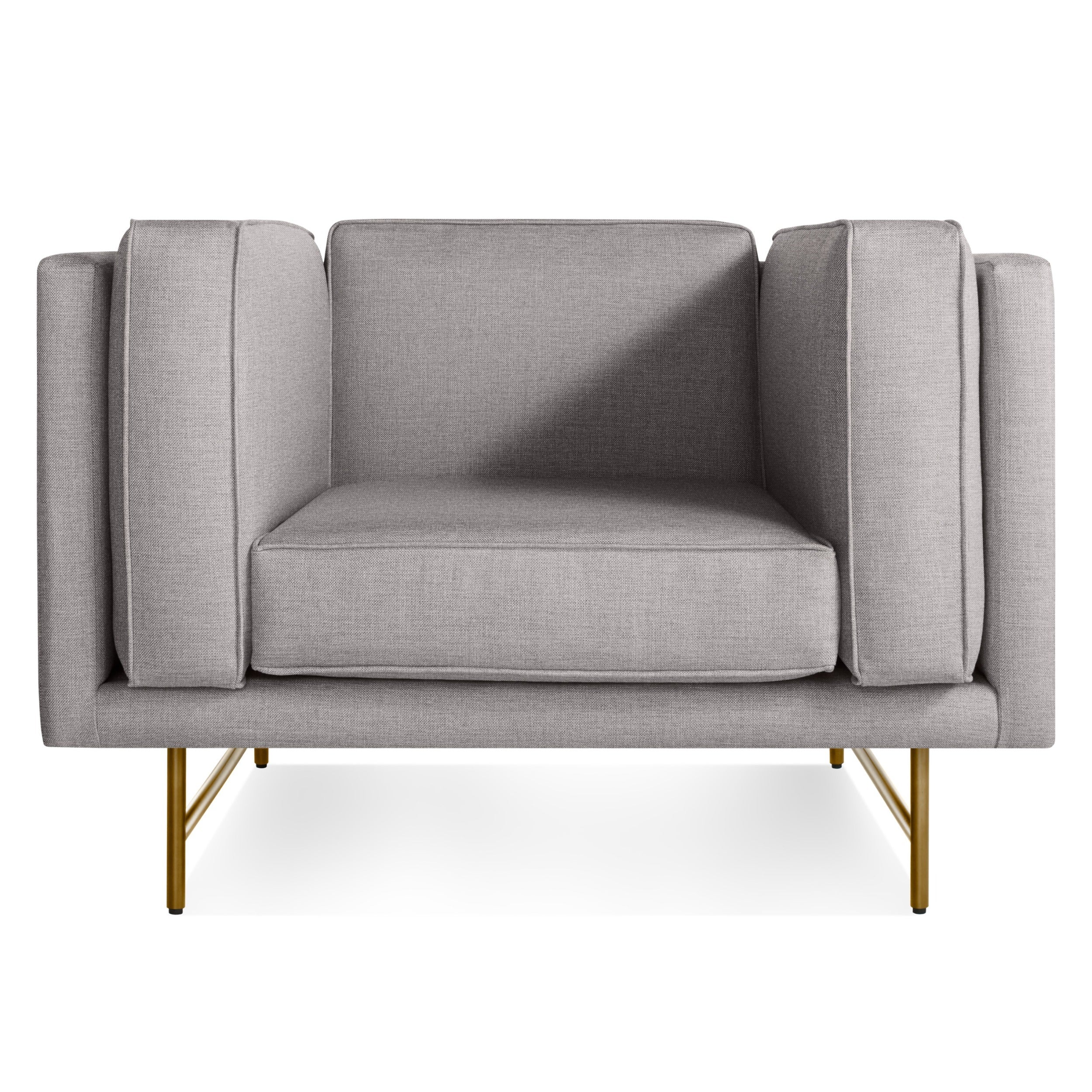Modern Grey Fabric Lounge Chair with Piped Cushions & Metal Legs for Living Room