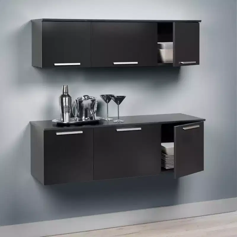 Wall Mounted Hutch Black: Laminated Storage, Self-Closing Hinges, Nickel Handles