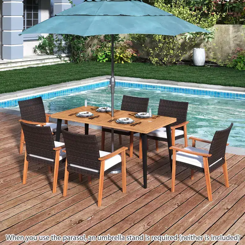 Costway 7 PCS Patio Dining Table Set with Tabletop, 1.97 Umbrella Hole, Removable Cushion Natural + Mix Brown+ Black