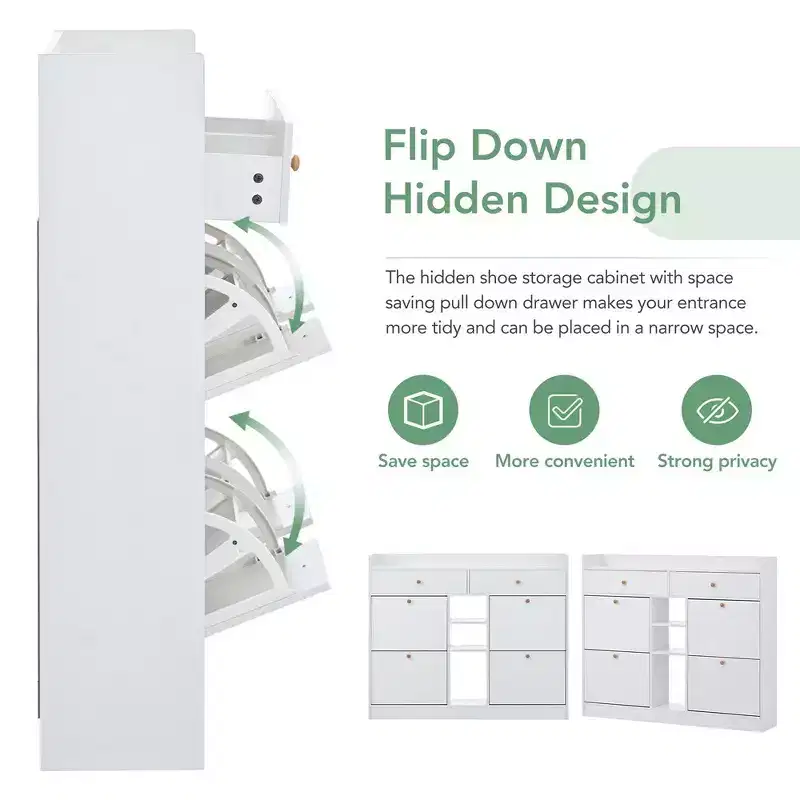 Shoe Cabinet with 4 Flip Drawers, Multifunctional 2-Tier Shoe Storage Organizer with Drawers, Free Standing Shoe Rack for Entrance Hallway, White