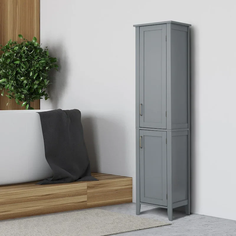 Dark Grey Colored Wooden Linen Tower Cabinet with Double Doors