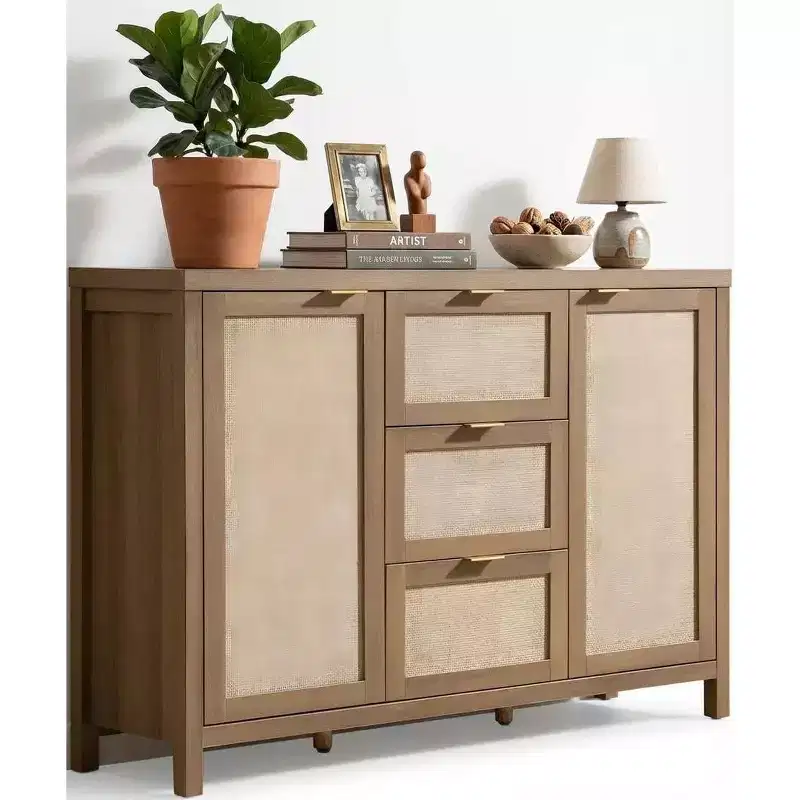 51 Rattan Sideboard Buffet Cabinet, Boho Storage with 3 Drawers & 2 Doors, Coffee Bar Credenza with Adjustable Shelves for Kitchen & Living Room