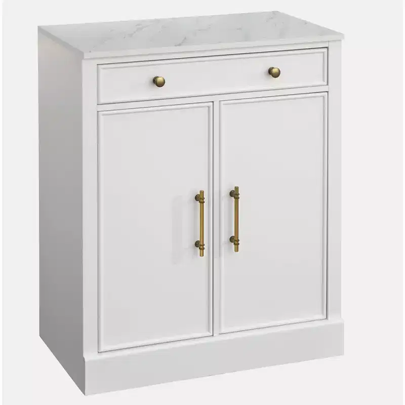 Lifestorey Monza Modular Cabinet with Faux Marble Top 1 Drawer 2 Doors White: Faux Marble Top, Brass Tone Handles, Adjustable Shelf