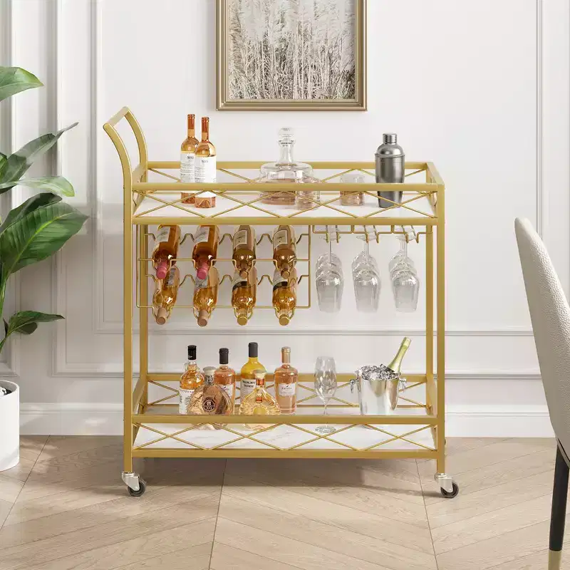 2-Tier Bar Cart with Wine Rack and Glass Holder