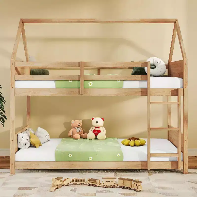 Twin over Twin Bunk Bed for Kids with Ladder, Full-Length Bed Rail & Slats, White Oak