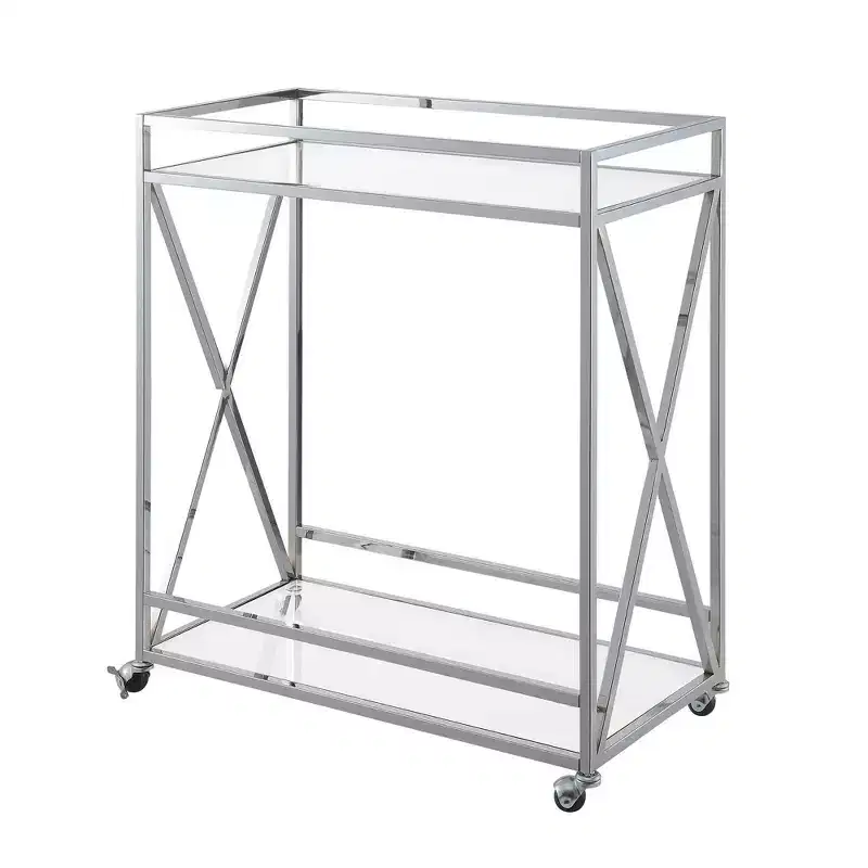 Chrome Glass Bar Cart with Shelf, Contemporary Style, Wheeled