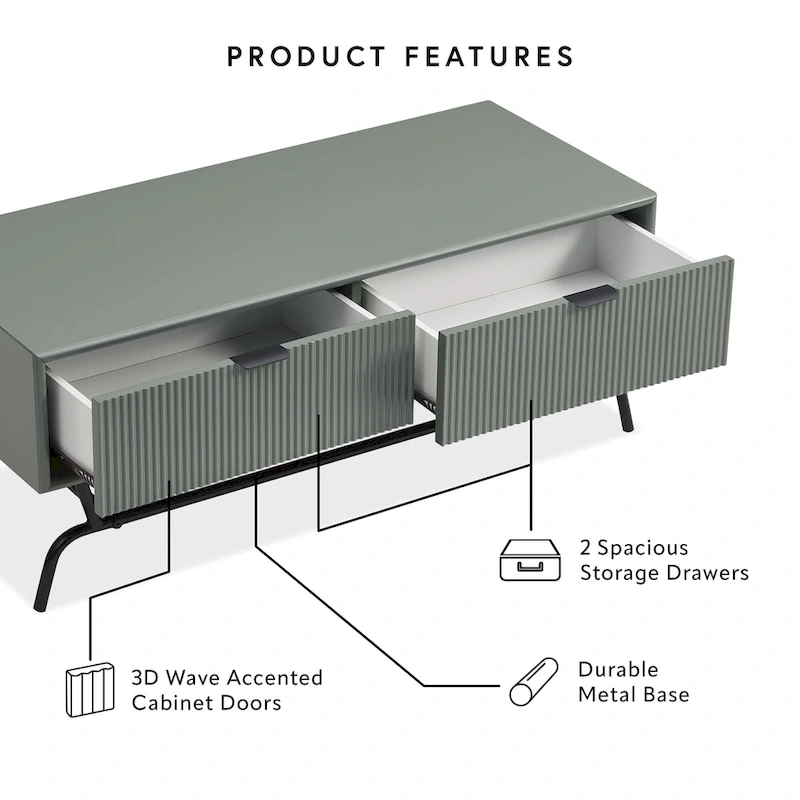 DH BASIC Modern 42-inch 2-Drawers Coffee Table with Metal Legs by Denhour
