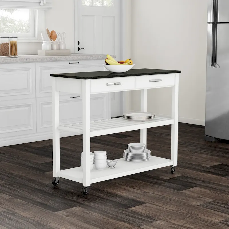 Crosley Solid Black Granite Top Kitchen Cart/ Island With Optional Stool Storage in White Finish - 17d x 43w x 35h