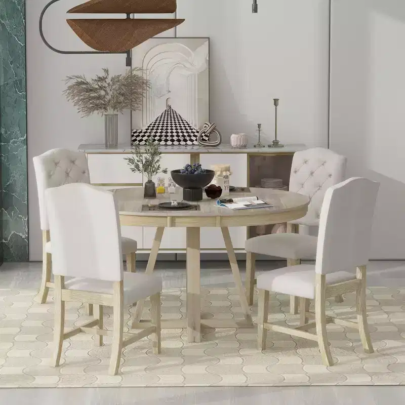 Whisen Retro Style 5-Piece Extendable Dining Set with 4-Botton Tufted Upholstered Chairs