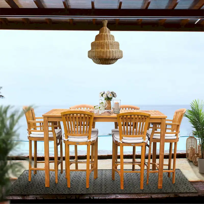 Chic Teak 7 Piece Teak Wood Orleans Patio Bistro Bar Set, 63 Bar Table, 2 Bar Chairs w/ Arms & 4 Armless Bar Chairs