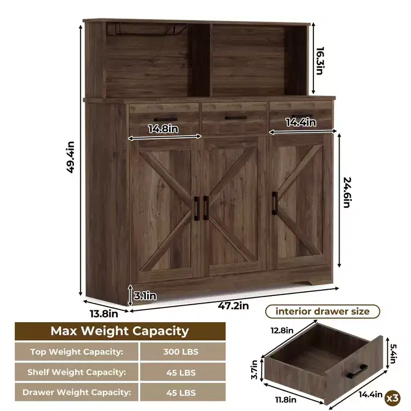 Farmhouse Sideboard Buffet with Microwave Stand, Storage Cabinet with Drawers and Shelves, Coffee Bar Cabinet with Hutch