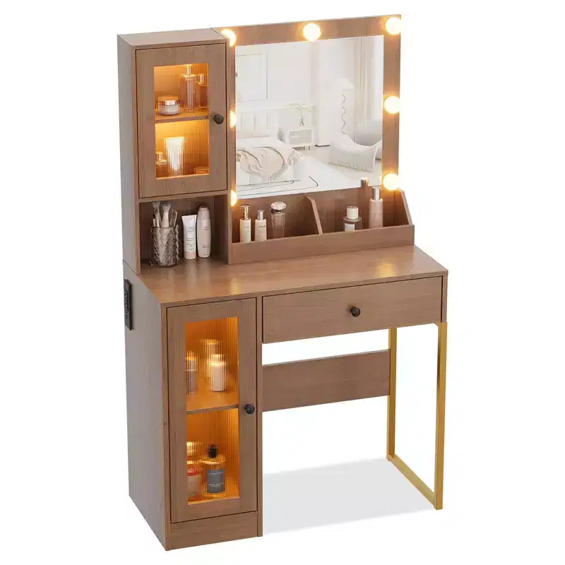 Makeup Vanity Desk with Power Outlet, Modern Vanity Table with Mirror and Lights, 2 Open Compartments