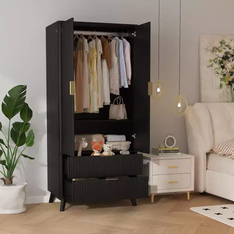 Fluted Armoire Wardrobe Closet, 71 Inch Wood Armoire with 2 Doors, 2 Drawers, Adjustable Shelf and Hanging Rod, Clothing Storage Cabinet