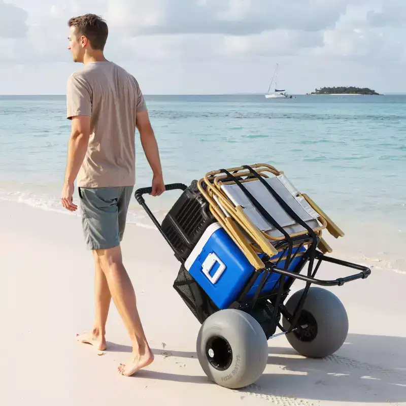 Folding Beach Sand Cart with 12 Balloon Wheels, 18x15 Cargo Deck, 165 lbs Capacity, Black