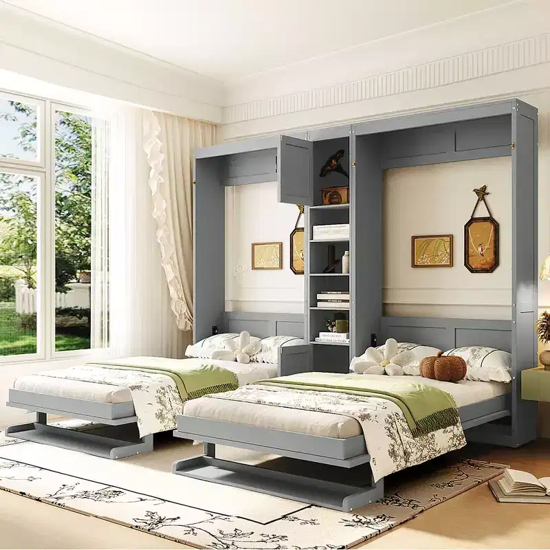 Dual Twin Size Murphy Bed with Convertible Shelf-Legs and Central Storage Unit