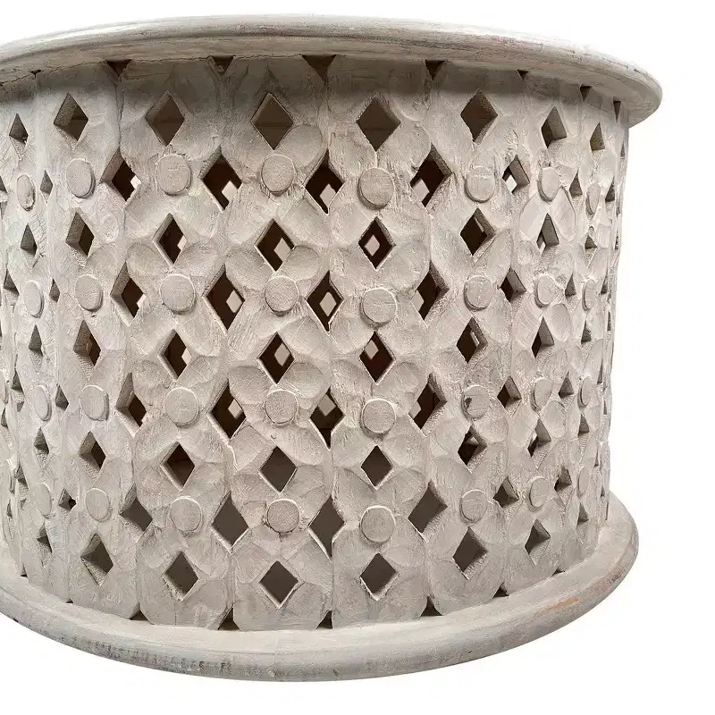 Royal Hampton 28 Artisanal Round Mango Wood Coffee Table, Intricate Diamond Lattice Cut Out Frame