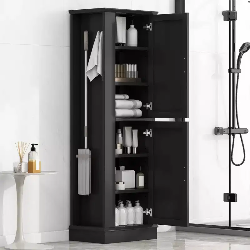 Tall Bathroom Cabinet Freestanding with Hook, Adjustable Shelf, MDF, White