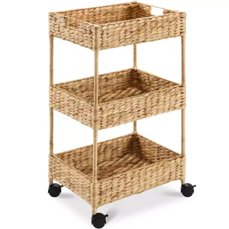 3-Tier Water Hyacinth Rolling Utility Cart with Weaved Baskets
