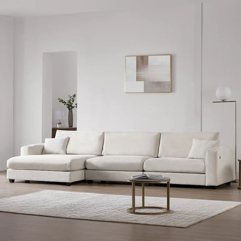 Large L-Shaped Cloud Couch in Beige Corduroy - Deep Seat Sofa Bed with USB, Cup Holder