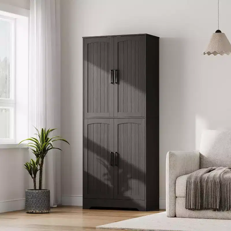 Farmhouse Kitchen Pantry Cabinet, 71 Tall Wood Pantry Storage Cabinet with 4 Doors & Adjustable Shelves, Cupboard for Dining Room Living Room