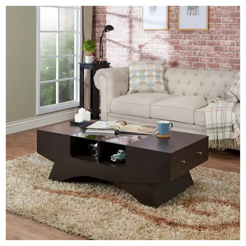 Multi-storage Coffee Table Walnut: Modern Cocktail Table with Tempered Glass Top