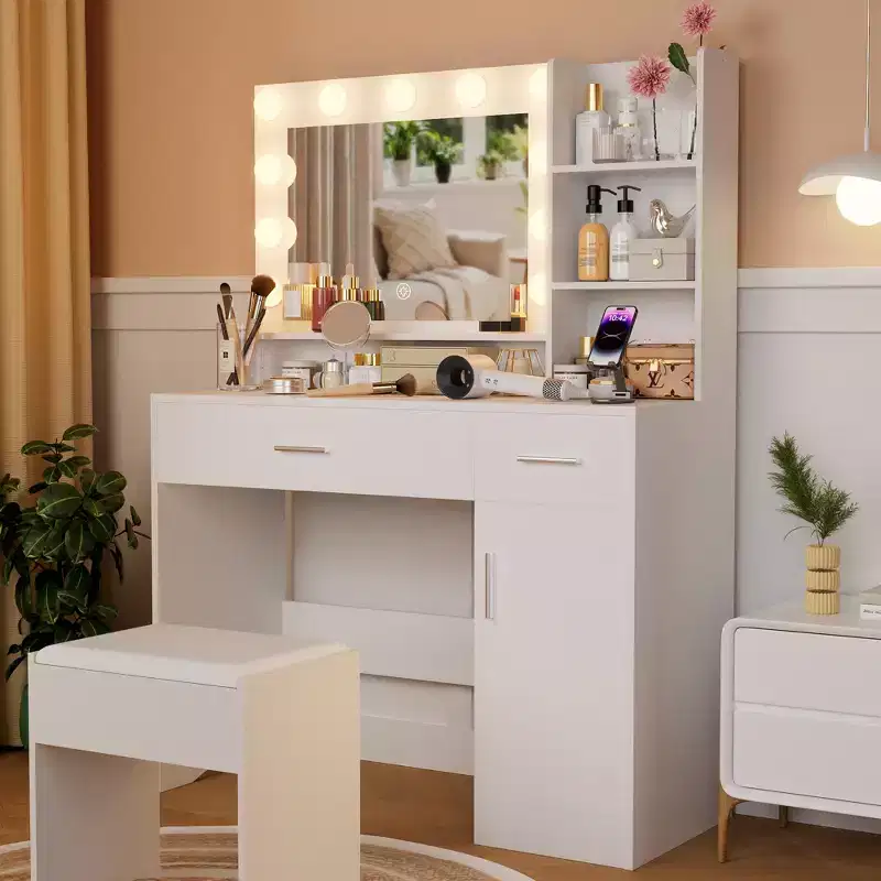 Vanity Desk w/3-Color LED Light, Mirror, Different Size Drawers & Stool, Modern Style Makeup Vanity, for Bedroom, White