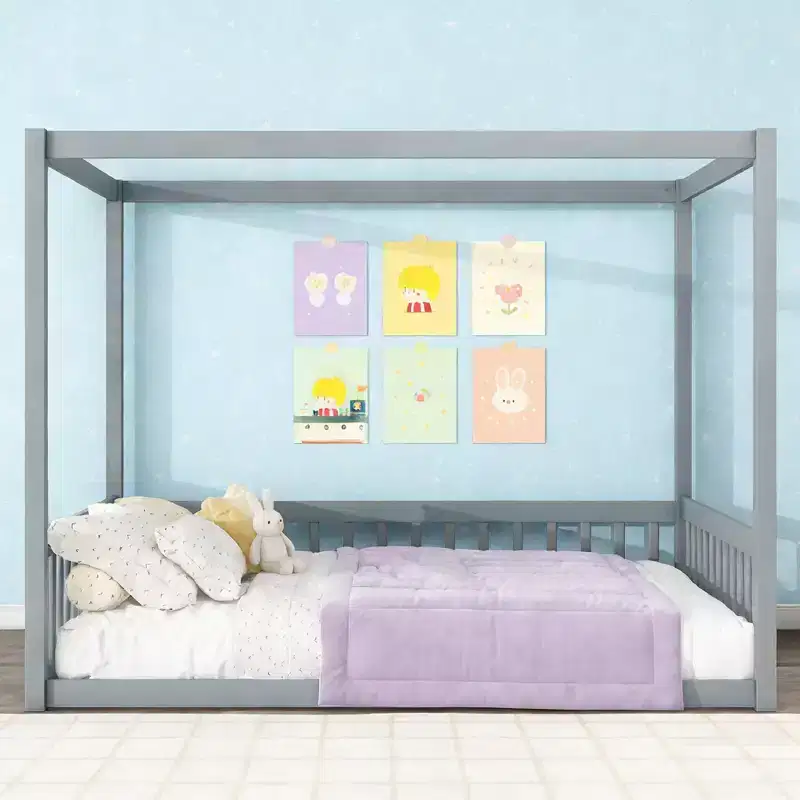 Luxystar Full Wooden Canopy Frame Floor Bed with Fence