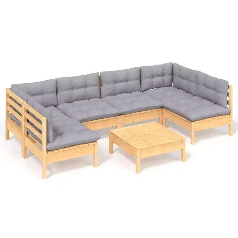 vidaXL Solid Pinewood Patio Lounge Set 7 Piece with Cushions - Brown and Gray