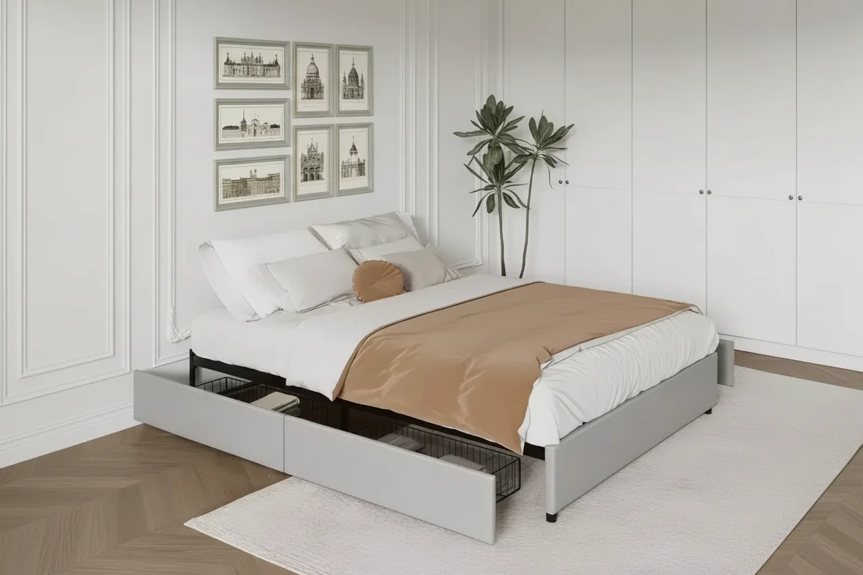 Platform Bed Frame, Fabric Upholstered with 4 Storage Drawers, Wooden Slats Support, No Box Spring Needed, Noise Free, Easy Assembly, Gray Full