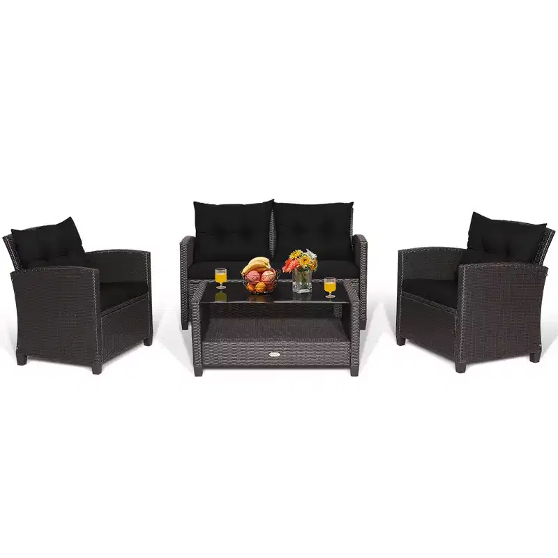 Costway 8 PCS Patio Rattan Furniture Set Glass Table Shelf Sofa Cushion Black/Red/Turquoise/Navy/Gray