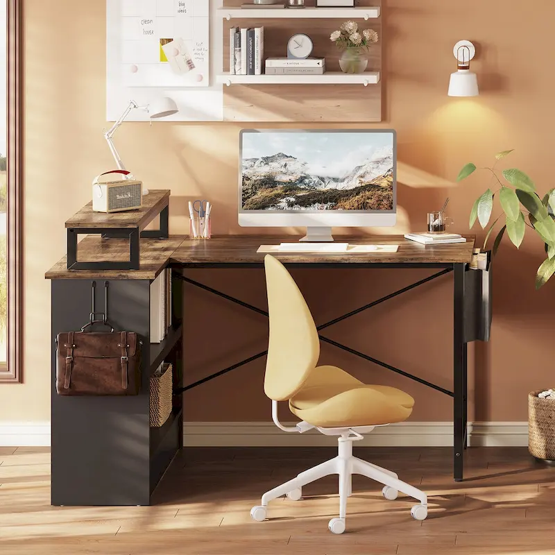 42 Gaming Desk Reversible L Shaped Desk with LED Monitor Stand Storage Shelves and Bag