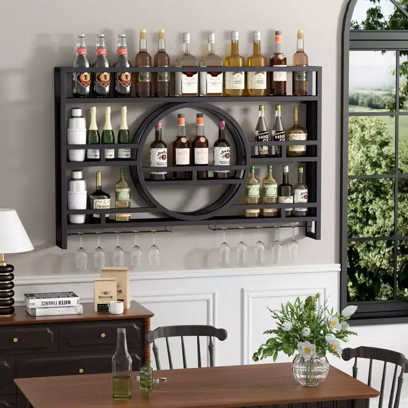 Bekrvio 3-Tier Wall Mounted Wine Rack, 39in/47in Metal Floating Bar Shelves with Wine Glass Holder, Industrial Liquor Shelf for Home Bar