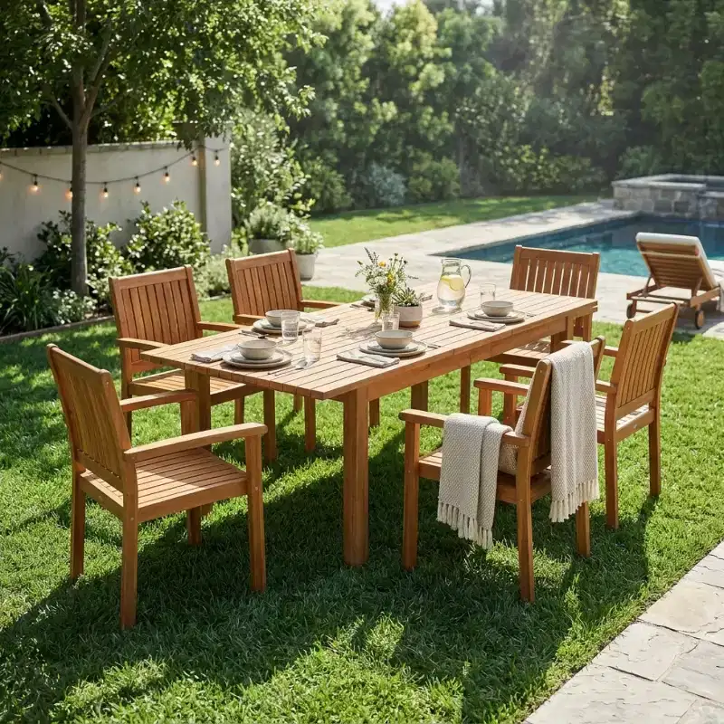 Modern 7-Piece Extendable Outdoor Patio Dining Set with Acacia Wood Table and 6 Chairs, Expandable Dining Furniture for Backyard-Panipeachy