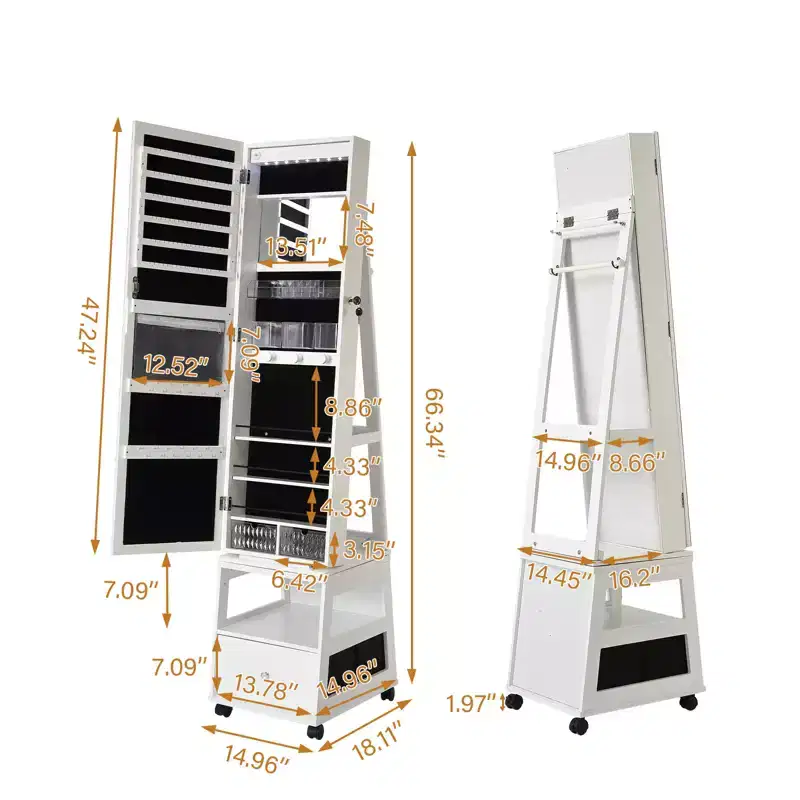 360 Swivel Lockable Jewelry Armoire Cabinet with LED Light, Screen Interface Full-Length Mirror, 3 Shelves & Drawer, Storage Organizer White