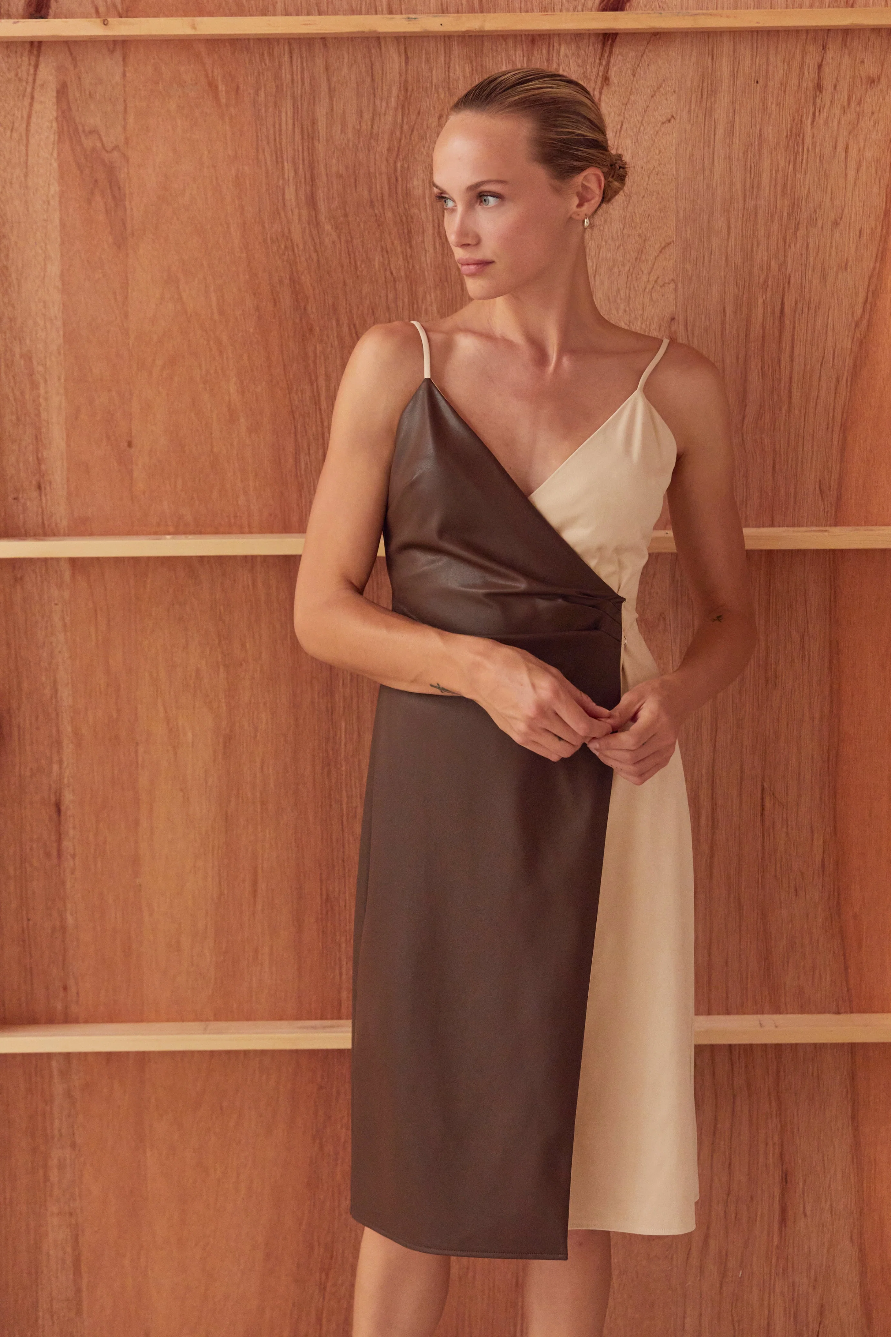 Mixed Media Wrap Midi Dress