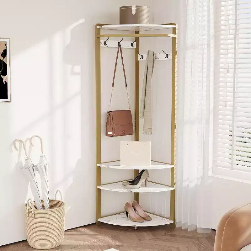 Corner Entryway Organizer, 6 Double Hook Coat Rack with Storage Bench, Space-Efficient Hall Tree for Small Homes & Apartments